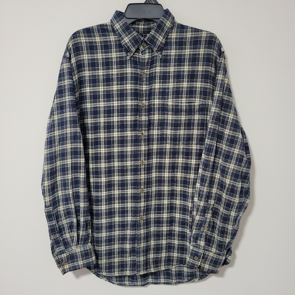 Vintage Lands' End Button Down Shirt Mens L Navy Cream Plaid Flannel 90s